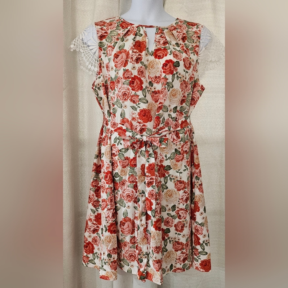 Floral Tie-Waist Mini Dress in Cream and Red